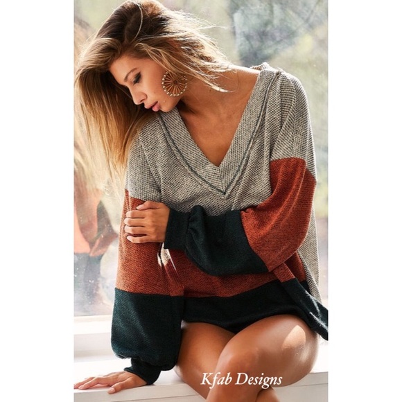 LAST ONE V Neck Colorblock Fall Colors Knit Top - Picture 5 of 7